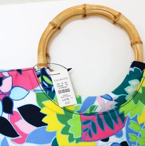 NEW Talbots bamboo handle canvas tote wooden shopper maximalist boho beach color - Picture 4 of 10